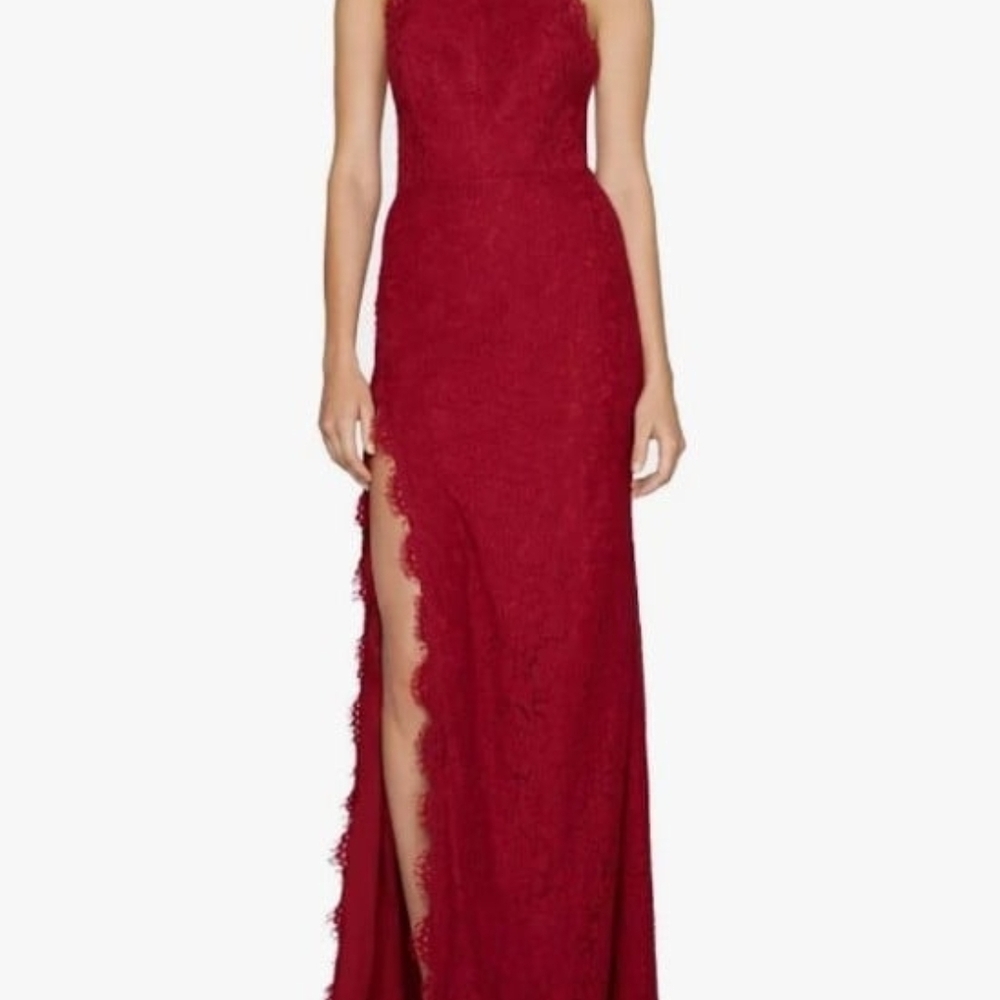 Fame and Partners Burgundy Lace Backless Gown with Side Slit